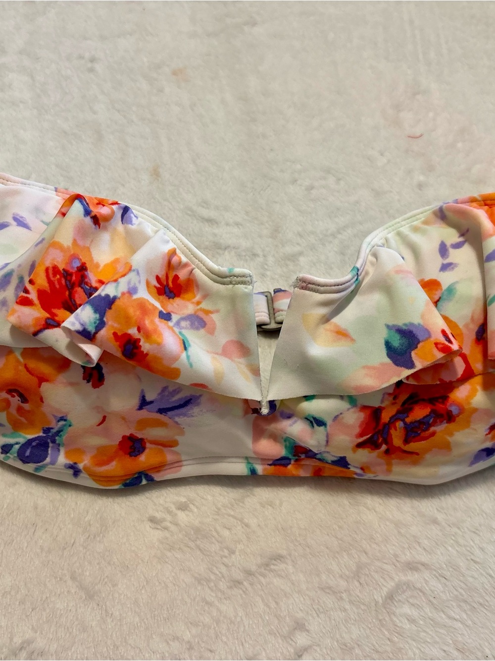 Gilly Hicks Floral Ruffle Bandeau Swim Top - White with Orange, Purple, Pink - Picture 3 of 6
